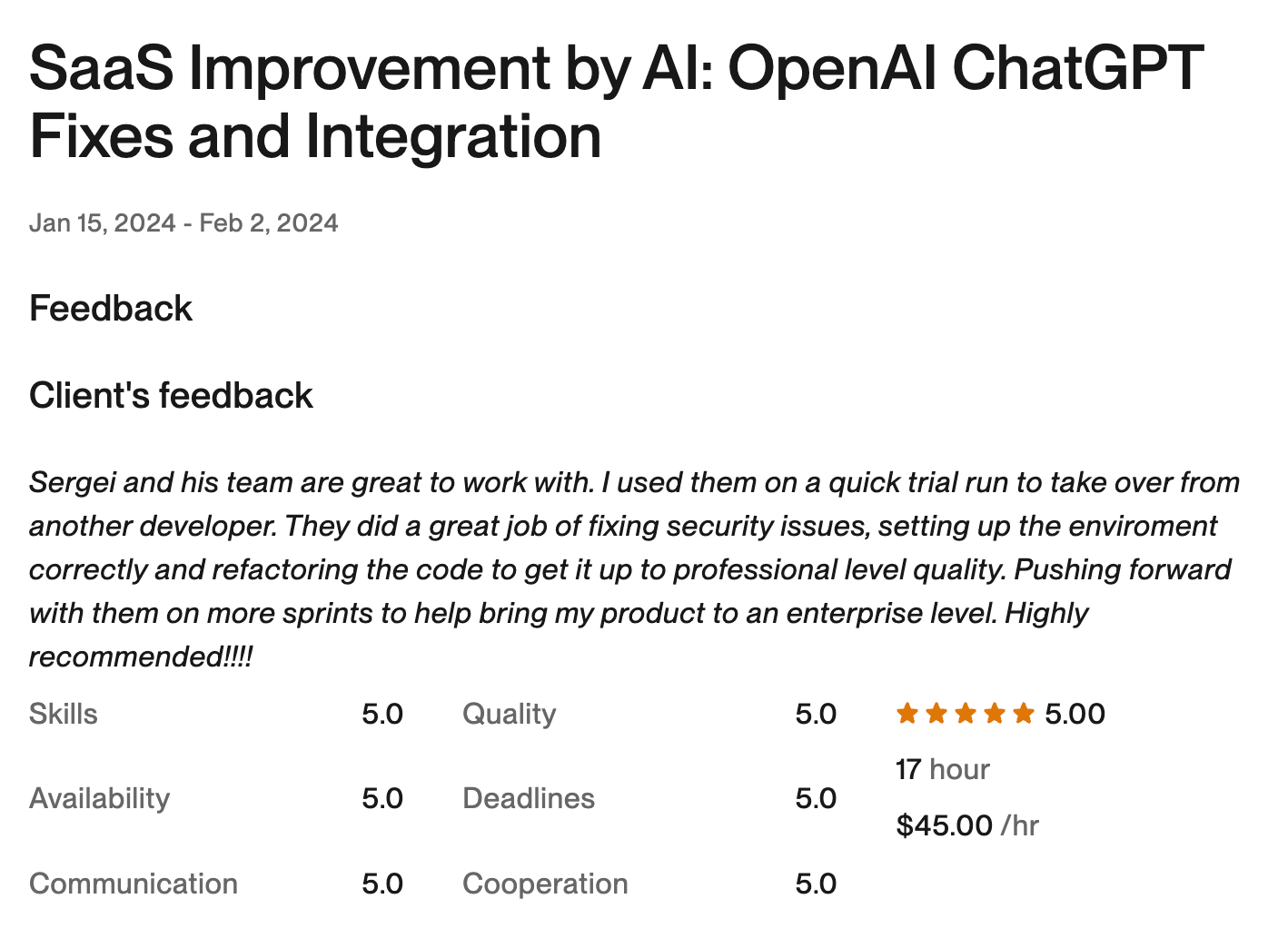 Upwork · SaaS Founder review screenshot