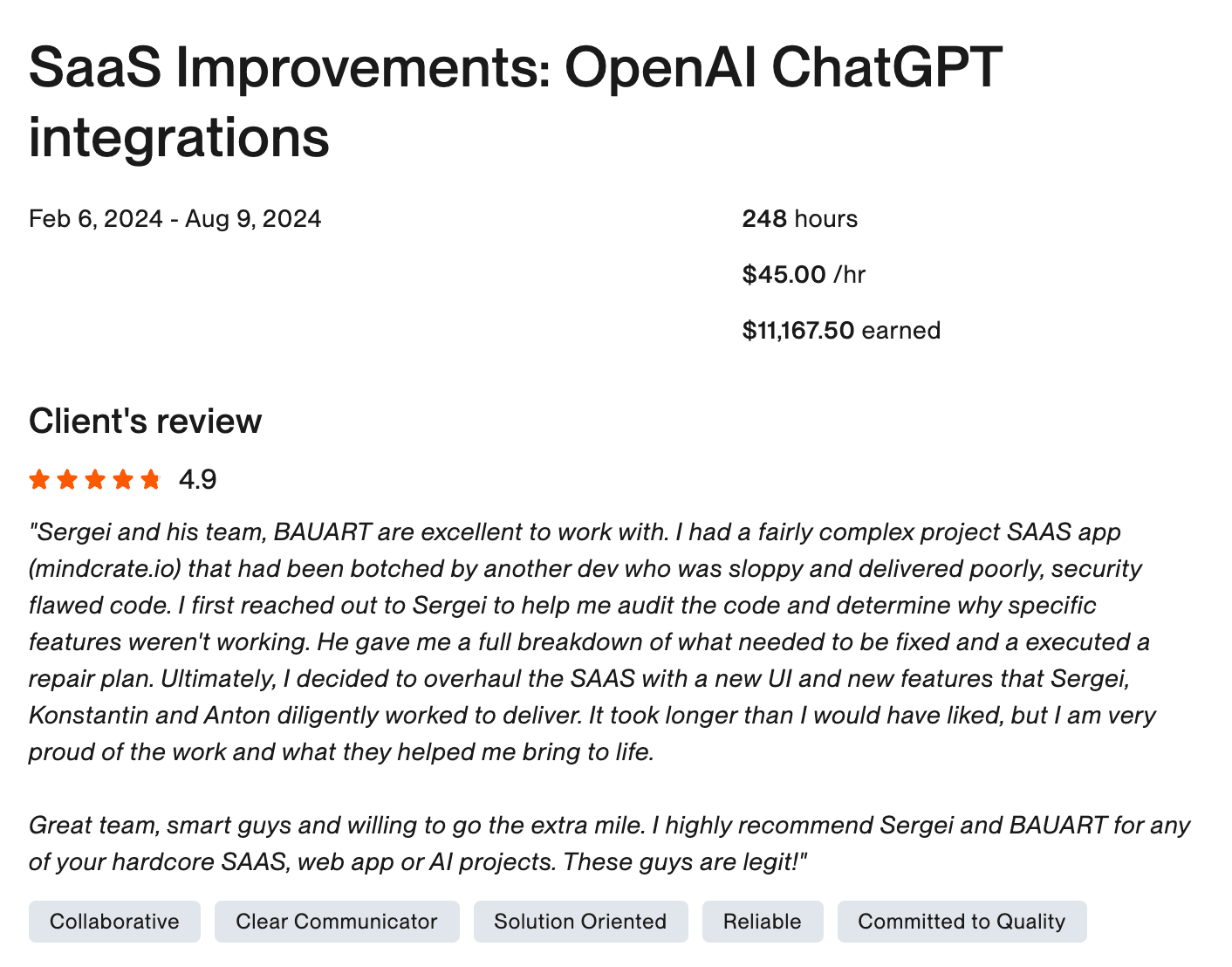 Upwork · mindcrate.io founder review screenshot